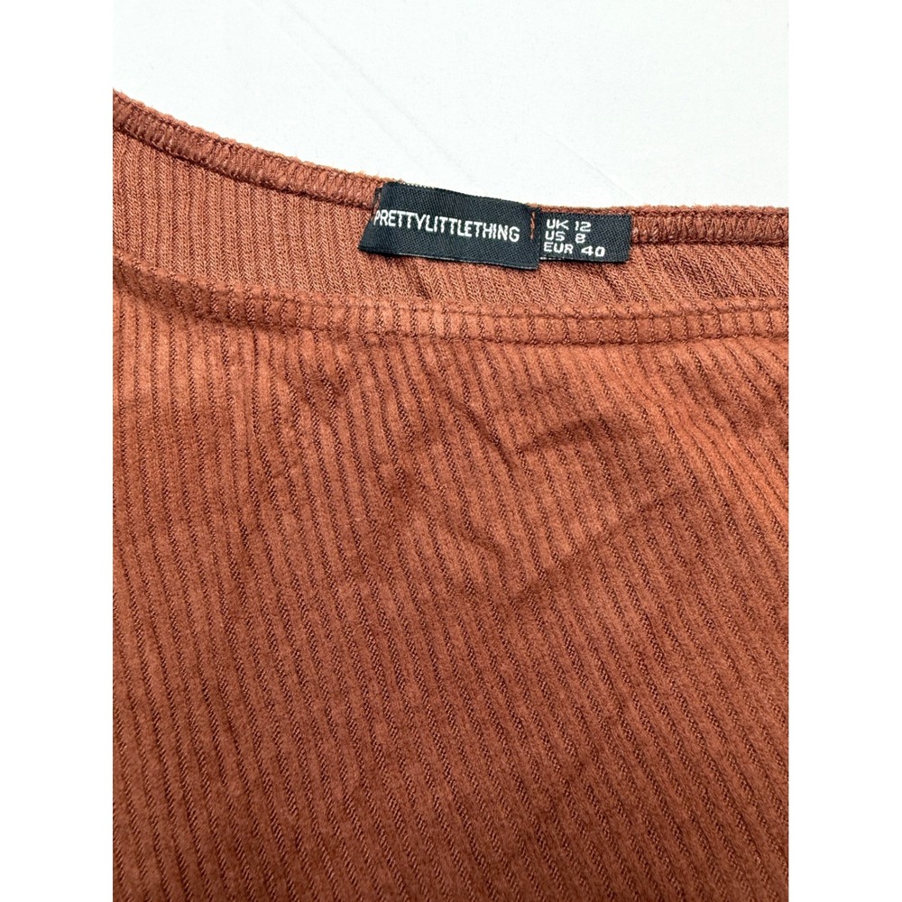PrettyLittleThing One Shoulder Ribbed Crop Top Brown Stretch Asymmetrical US 8 - Picture 3 of 5